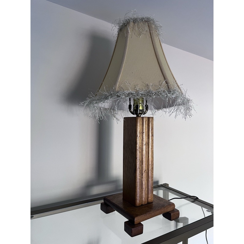 Vintage Wooden Table Lamp with Fabric Shade and Fringe Trim Mid Century Style
